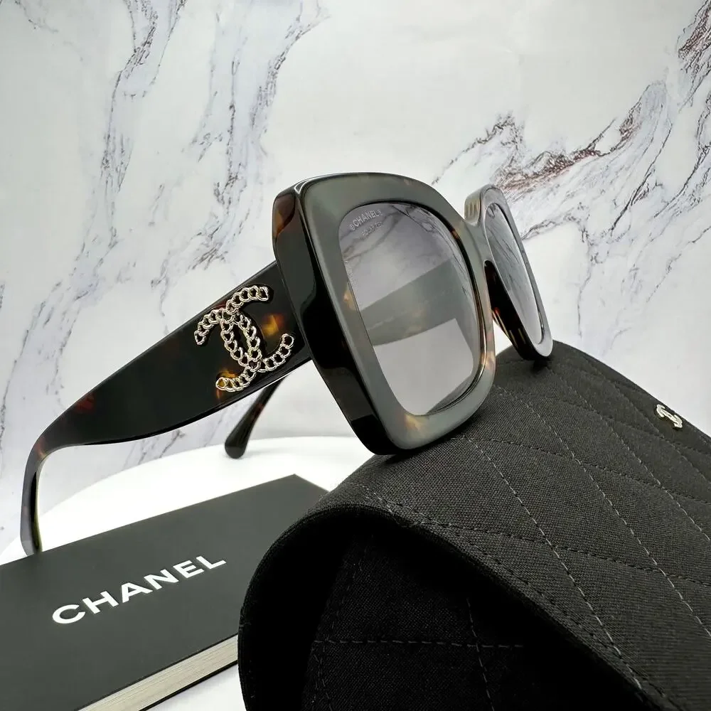 New CHANEL Sunglasses Brown Acetate Tortoise Square Gold Metal Chain CC - Picture 9 of 16